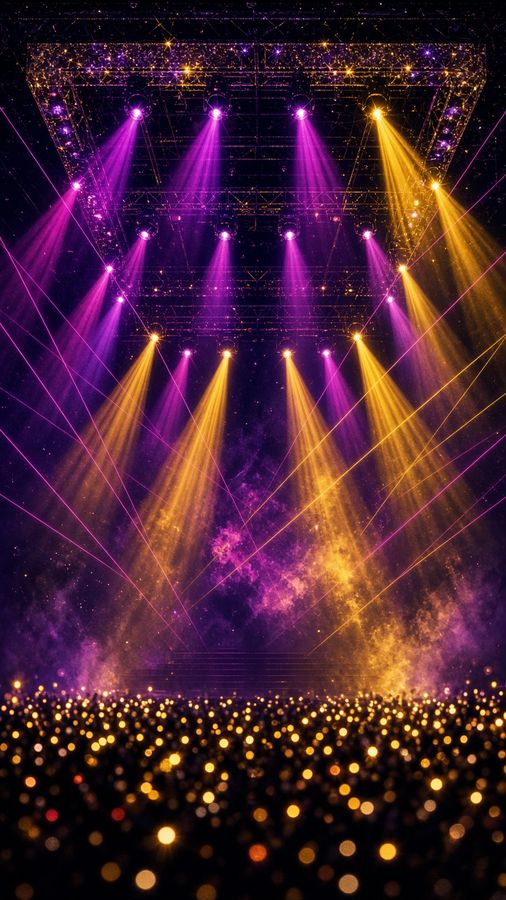 Arena Lights flat artwork: an empty arena stage with purple lasers and gold lights