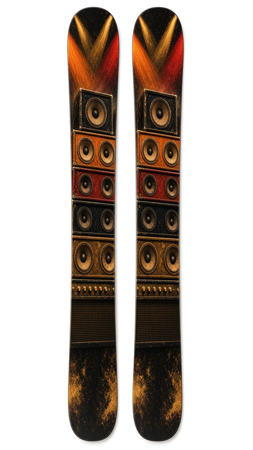 Amp Stack wrap on a pair of skis: stacked amp cabinets under orange stage lights