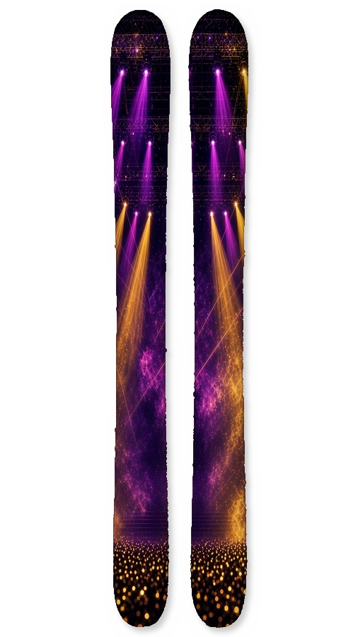 Arena Lights wrap on a pair of skis: an empty arena stage with purple lasers and gold lights, 80s Rock collection