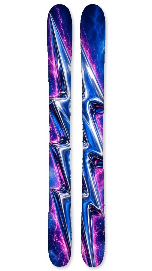 Chrome Bolt wrap on a pair of skis: a chrome lightning bolt over a blue electric storm, 80s Rock collection