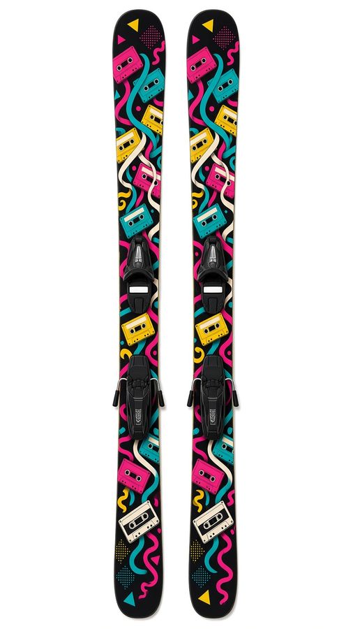 Mixtape wrap on a pair of skis: bright cassette tapes and loose ribbons of tape on black