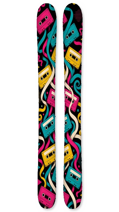 Mixtape wrap on a pair of skis: bright cassette tapes and loose ribbons of tape on black, 80s Rock collection