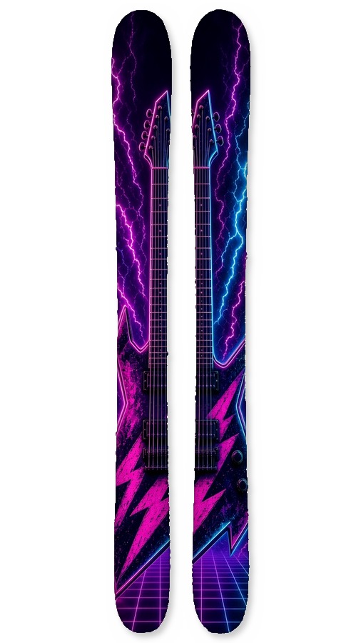 Neon Riff wrap on a pair of skis: a made-up pointy neon guitar with lightning over a synthwave grid, 80s Rock collection