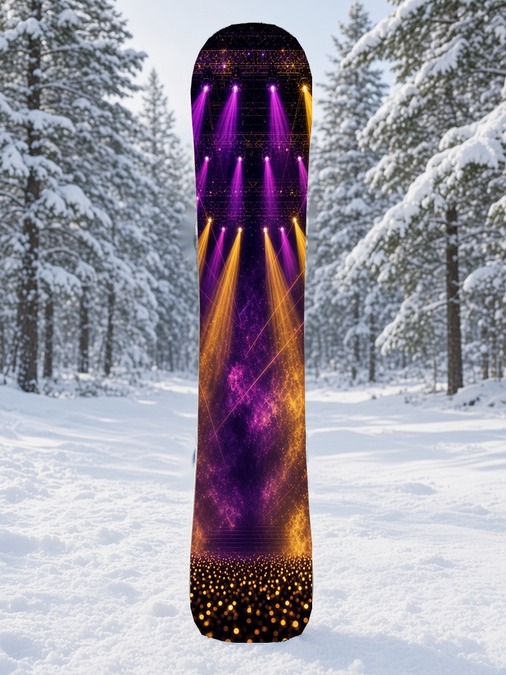 Arena Lights snowboard wrap: an empty arena stage with purple lasers and gold lights, 80s Rock collection
