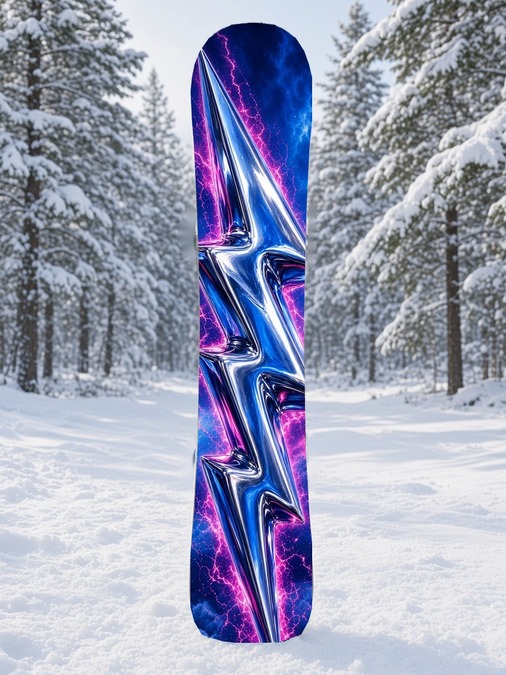 Chrome Bolt snowboard wrap: a chrome lightning bolt over a blue electric storm, 80s Rock collection