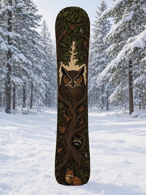 Owl Tree Woodcut snowboard wrap, Backcountry collection