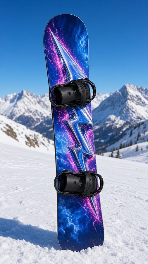 Chrome Bolt snowboard wrap: a chrome lightning bolt over a blue electric storm