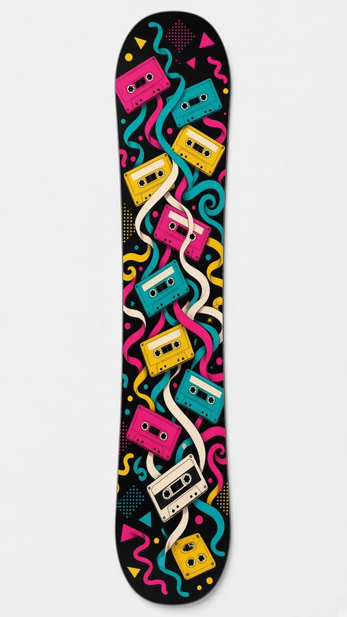 Mixtape snowboard wrap: bright cassette tapes and loose ribbons of tape on black