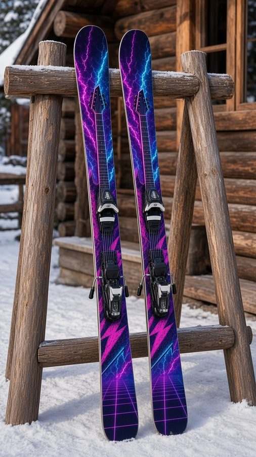 Neon Riff wrap on a pair of skis: a made-up pointy neon guitar with lightning over a synthwave grid