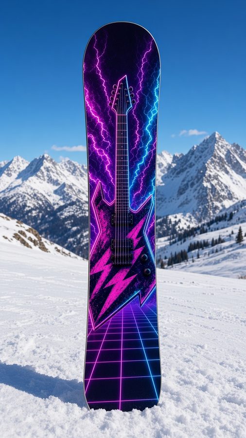 Neon Riff snowboard wrap standing in the snow in front of mountains