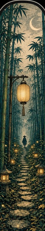 Bamboo Lantern Path flat artwork, Samurai Folklore collection