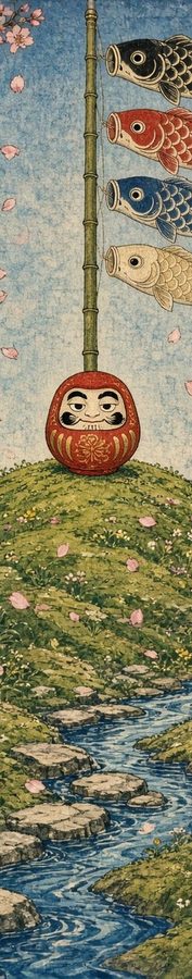 Daruma Koinobori Spring flat artwork, Samurai Folklore collection