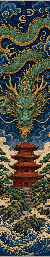 Dragon Over Pagoda flat artwork, Samurai Folklore collection