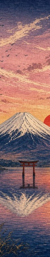 Fuji Sunrise Torii Lake flat artwork, Samurai Folklore collection