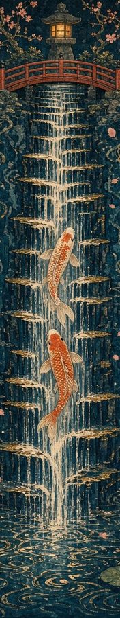 Koi Waterfall Ascent flat artwork, Samurai Folklore collection