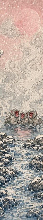 Snow Monkeys Hot Spring flat artwork, Samurai Folklore collection