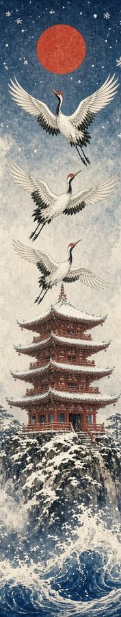 Snow Temple Cranes flat artwork, Samurai Folklore collection