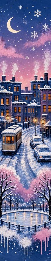 Snowy Dusk Tram Street flat artwork, Street & Graffiti collection
