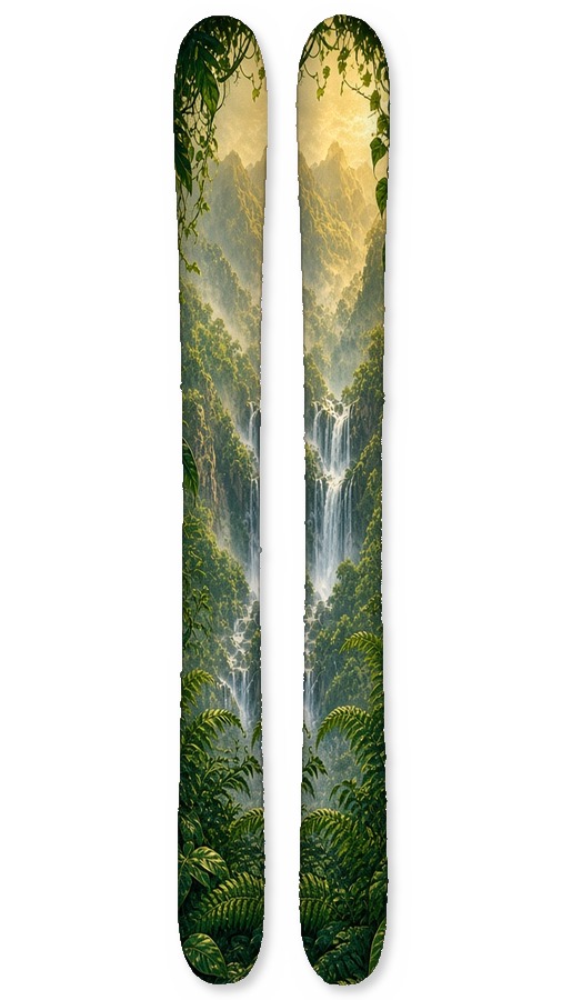 Jungle Run wrap on a pair of skis, Trend Line collection