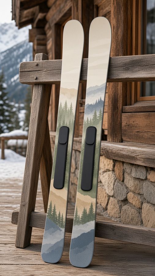Quiet Pines wrap on a pair of skis