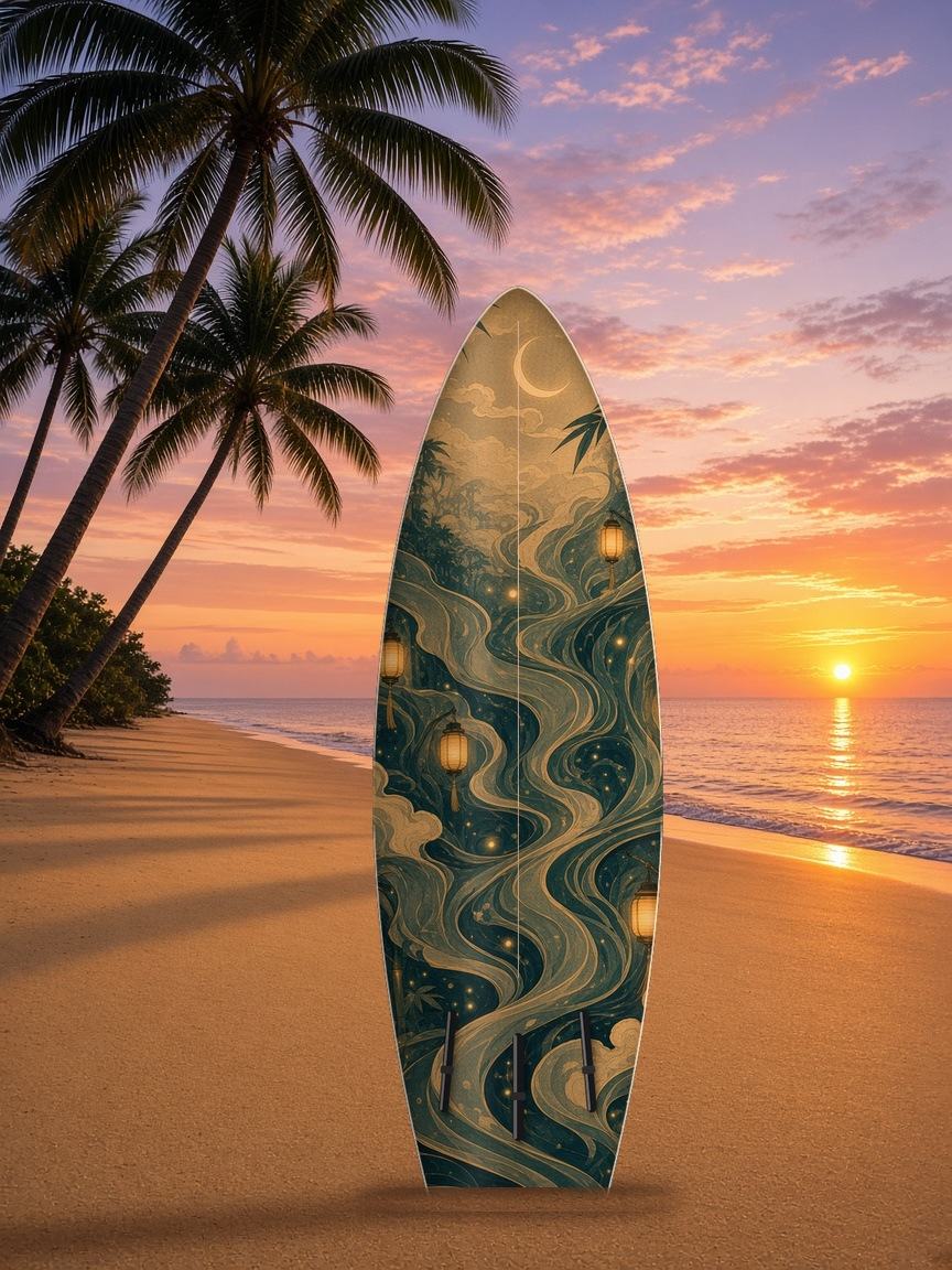 Bamboo Lantern Path surfboard wrap, bottom side