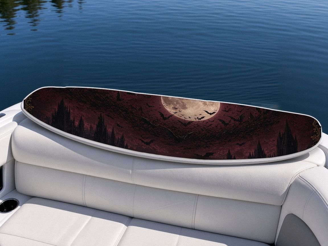 Bat Swarm Crest wakeboard, on the boat wrap, bottom side