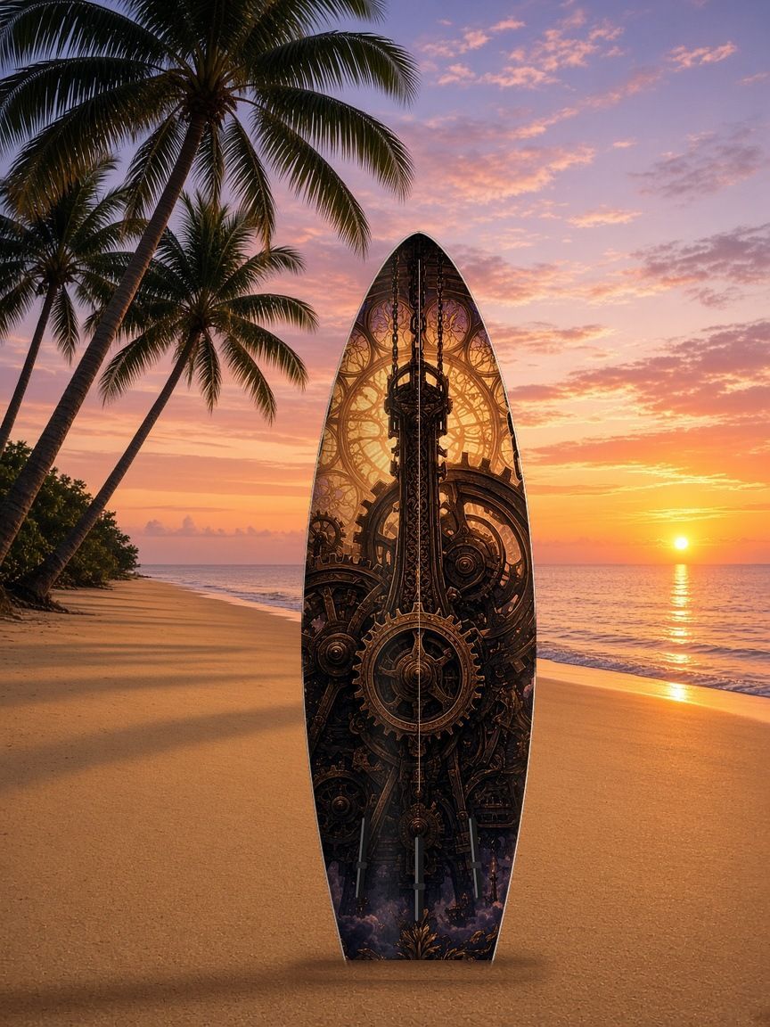 Clocktower Midnight Menace surfboard wrap, bottom side