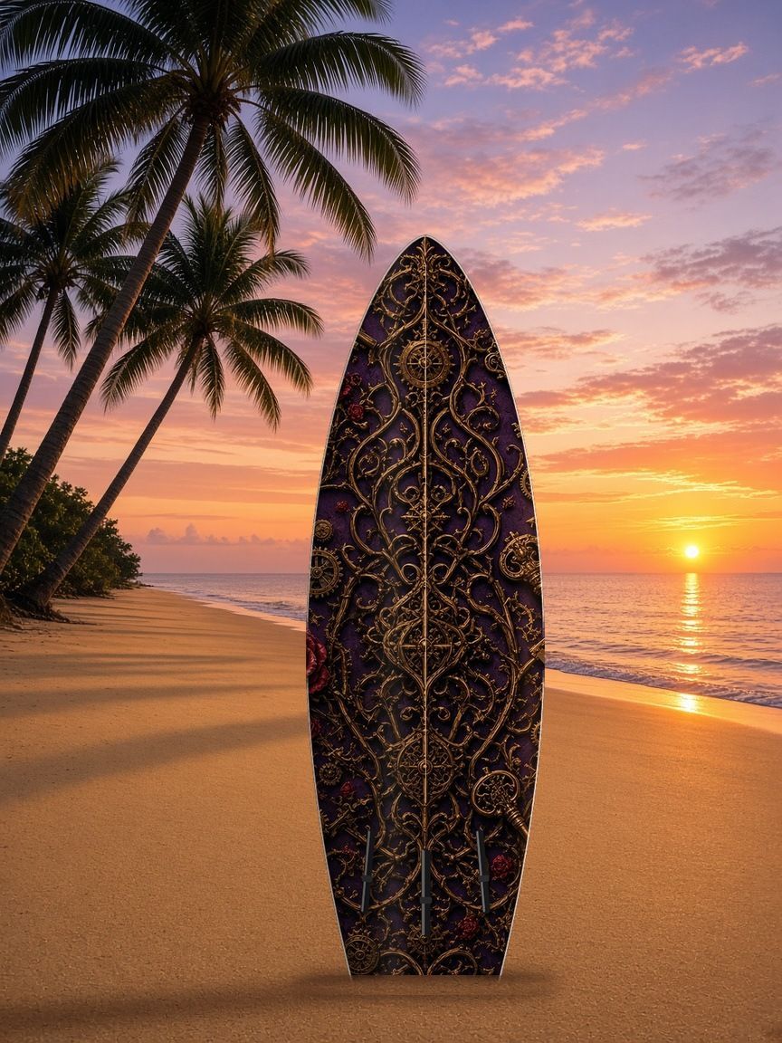 Clockwork Gear Rose surfboard wrap, bottom side