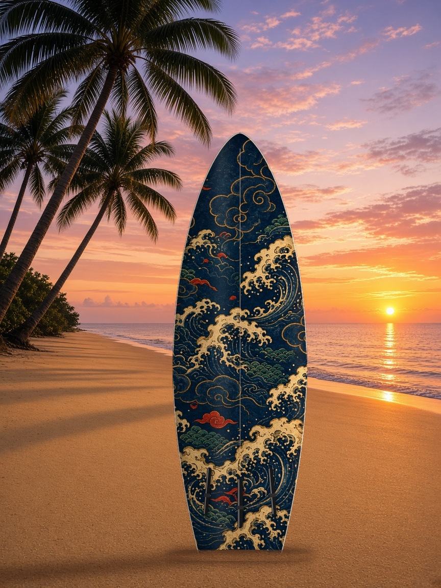 Dragon Over Pagoda surfboard wrap, bottom side