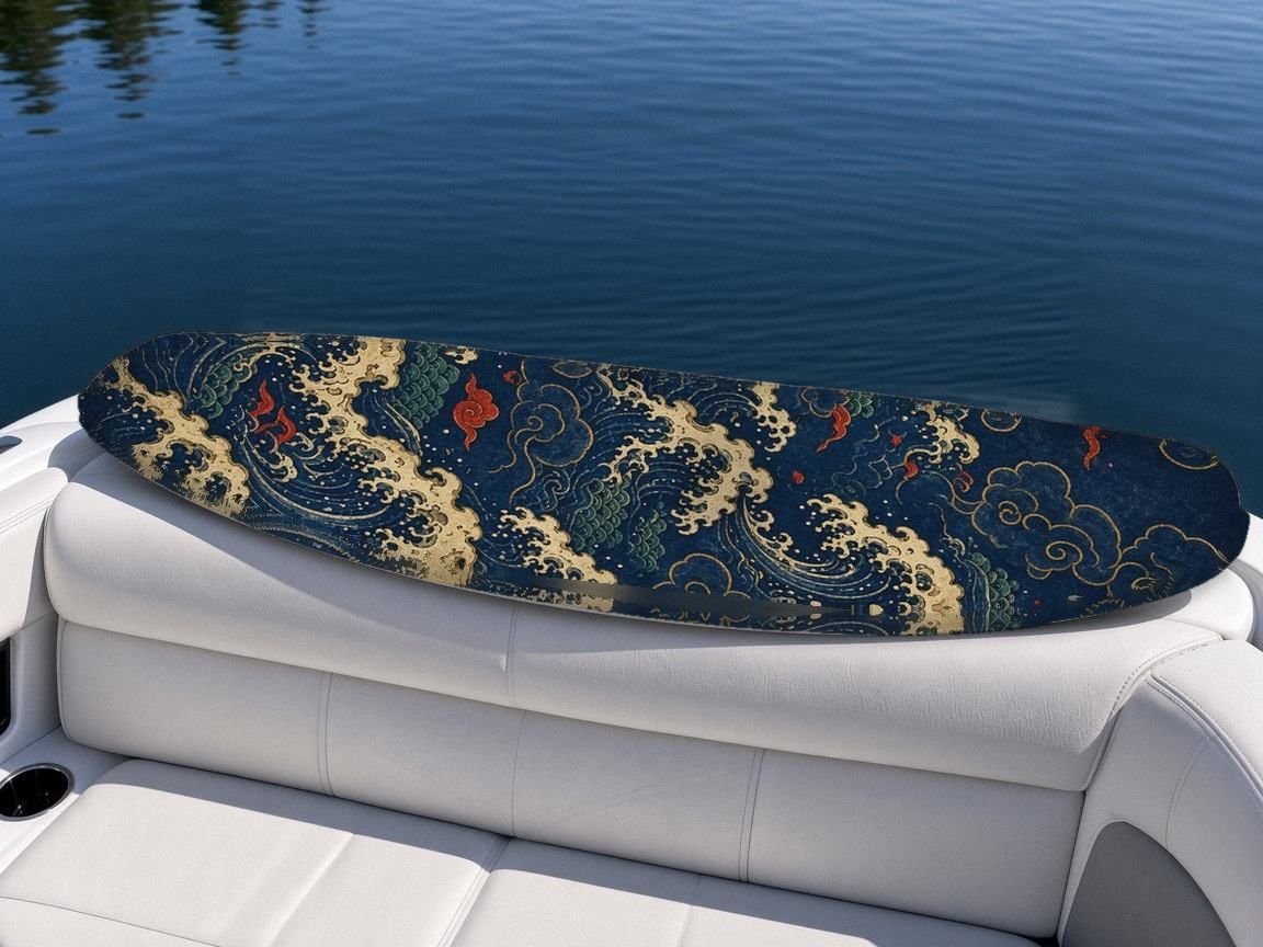 Dragon Over Pagoda wakeboard, on the boat wrap, bottom side