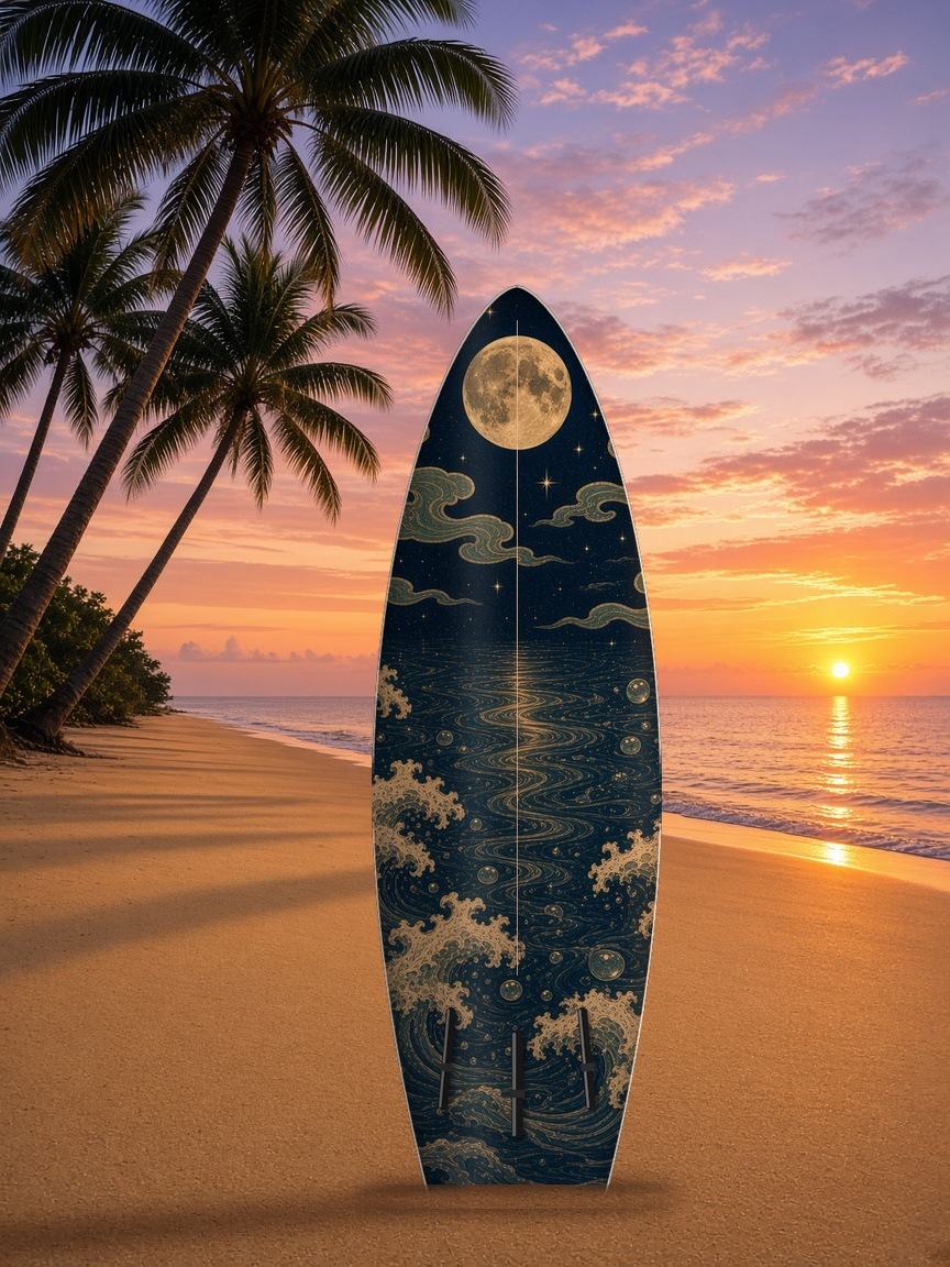 Genbu Moon Waves surfboard wrap, bottom side