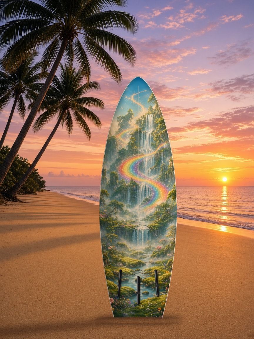 Giant Mossy Peak Rainbow Bridge surfboard wrap, bottom side