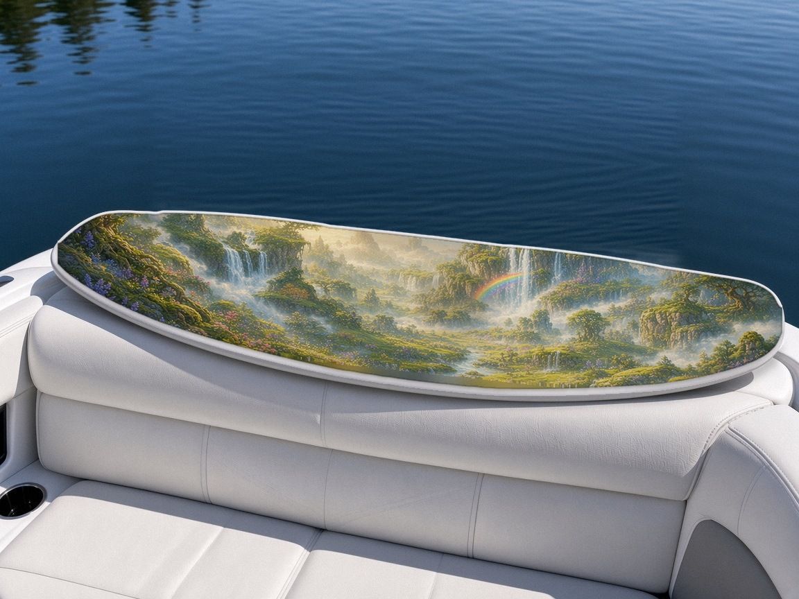 Giant Mossy Peak Rainbow Bridge wakeboard, on the boat wrap, bottom side