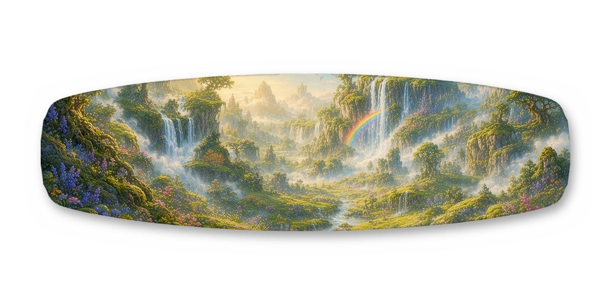 Giant Mossy Peak Rainbow Bridge wakeboard, studio shot wrap, bottom side