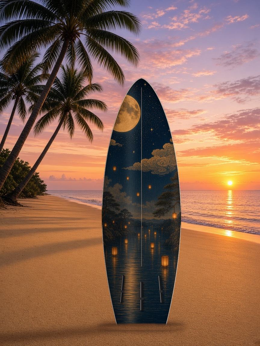 Kirin Lantern Moon surfboard wrap, bottom side
