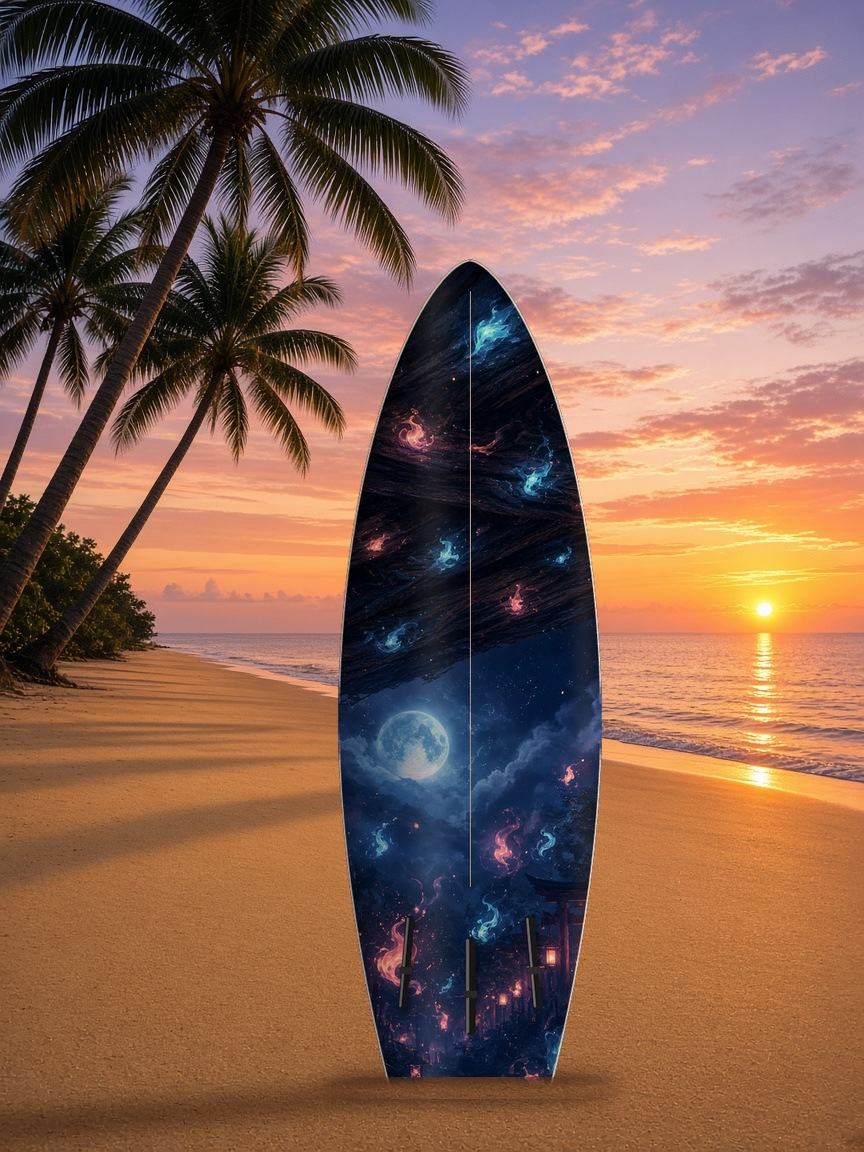 Kitsune Rooftop Moon surfboard wrap, bottom side