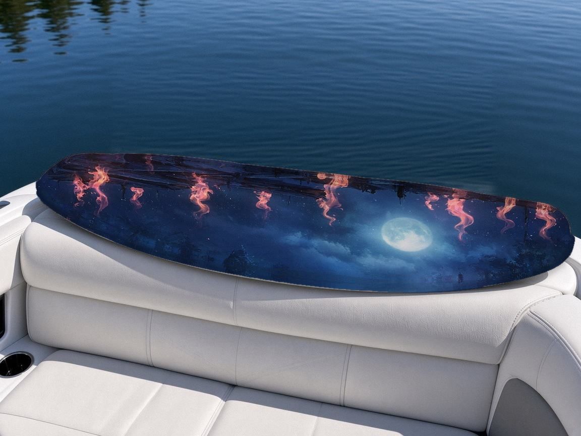 Kitsune Rooftop Moon wakeboard, on the boat wrap, bottom side