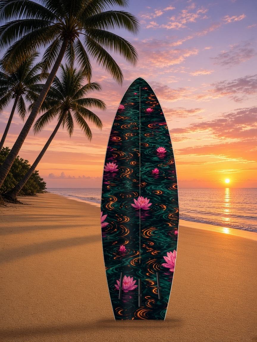 Koi Canal Lotus surfboard wrap, bottom side