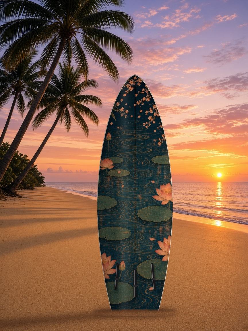 Koi Waterfall Ascent surfboard wrap, bottom side