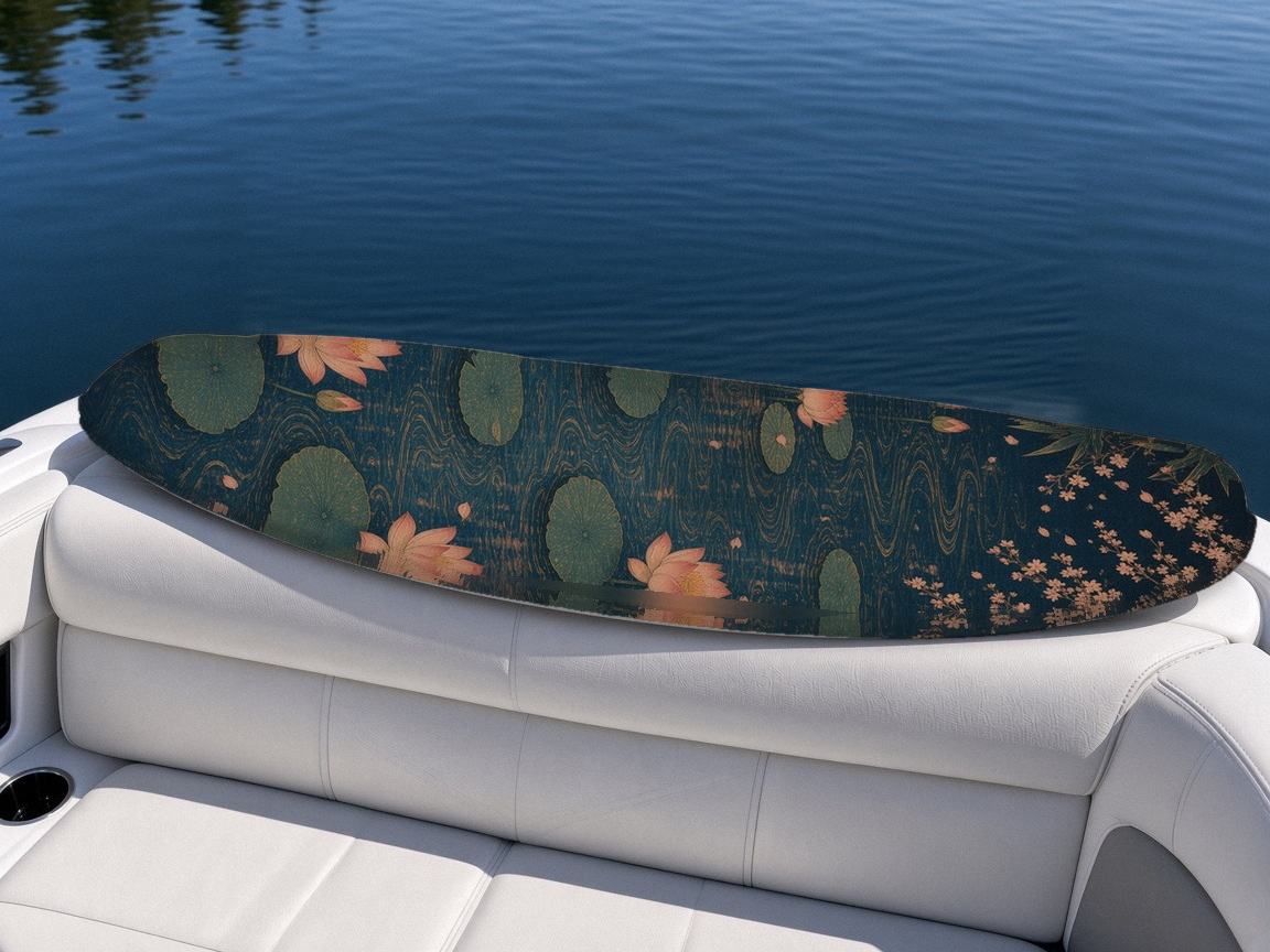 Koi Waterfall Ascent wakeboard, on the boat wrap, bottom side