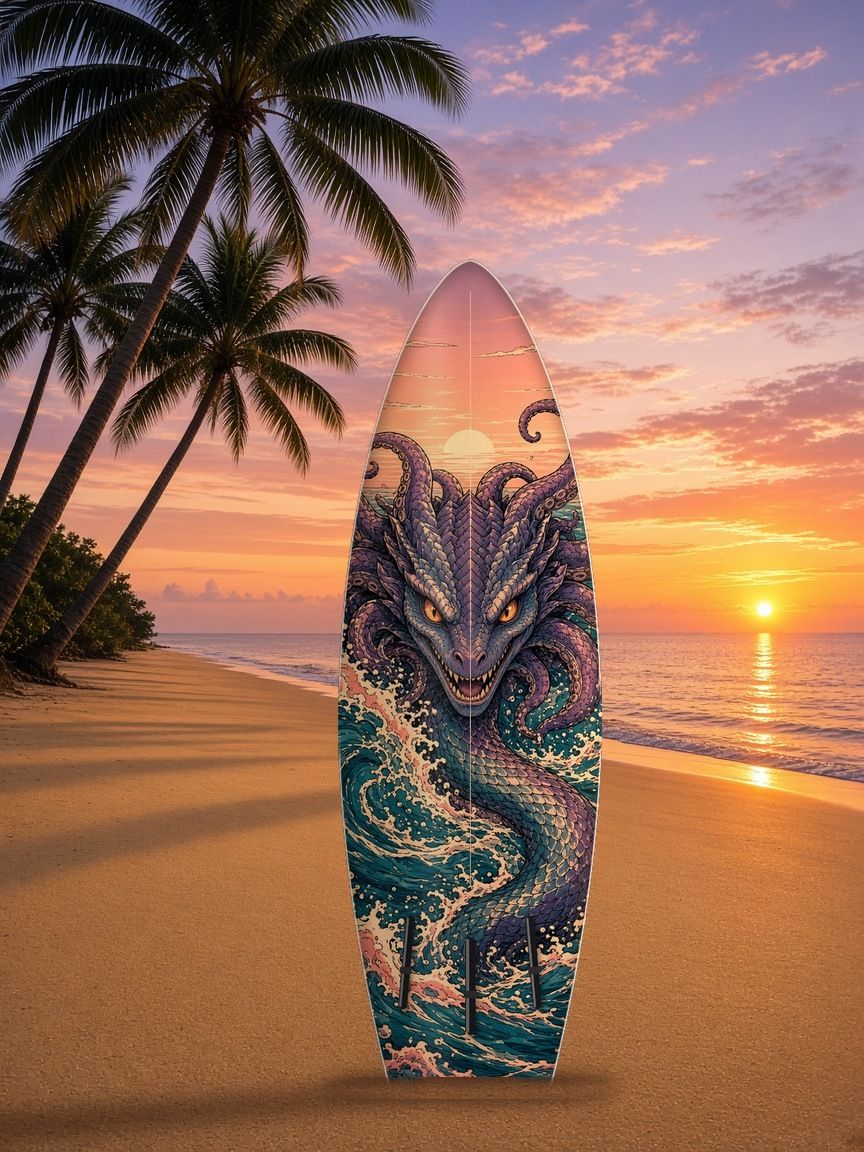 Kraken Serpent surfboard wrap, bottom side, Mythic Water collection