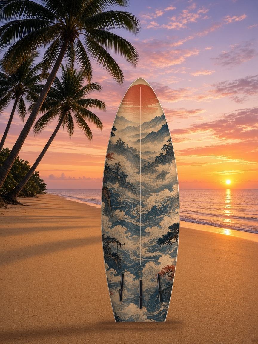 Misty Shrine Lone Wanderer surfboard wrap, bottom side