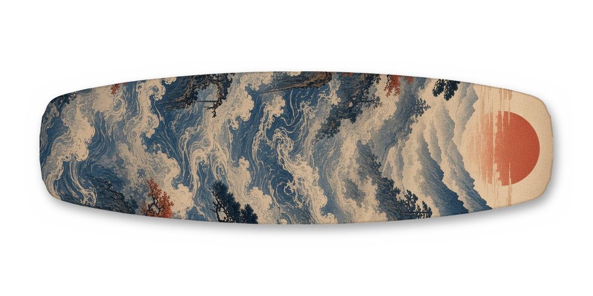 Misty Shrine Lone Wanderer wakeboard, studio shot wrap, bottom side