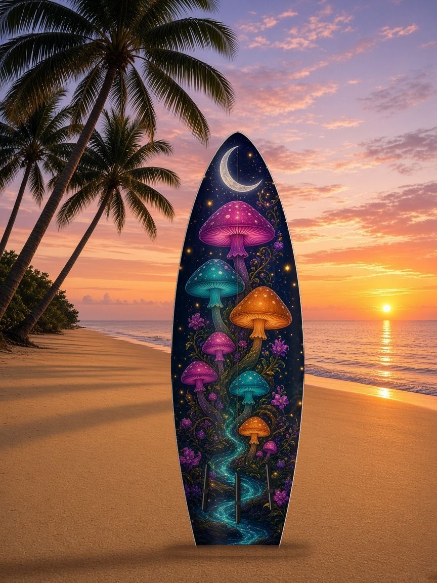 Mushroom Grove Unicorn surfboard wrap, bottom side