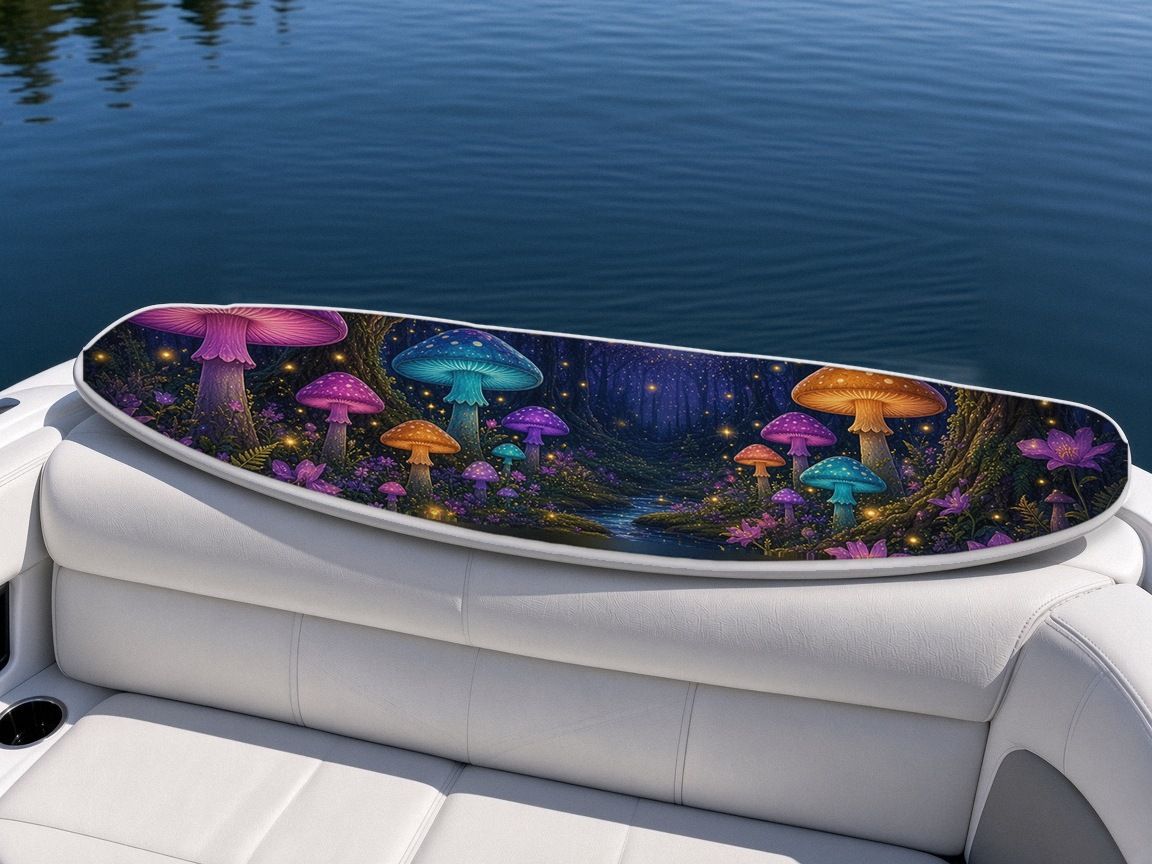 Mushroom Grove Unicorn wakeboard, on the boat wrap, bottom side