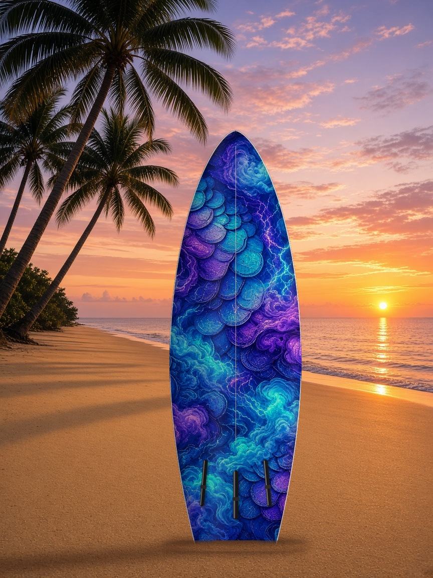 Neon Dragon Coil surfboard wrap, bottom side