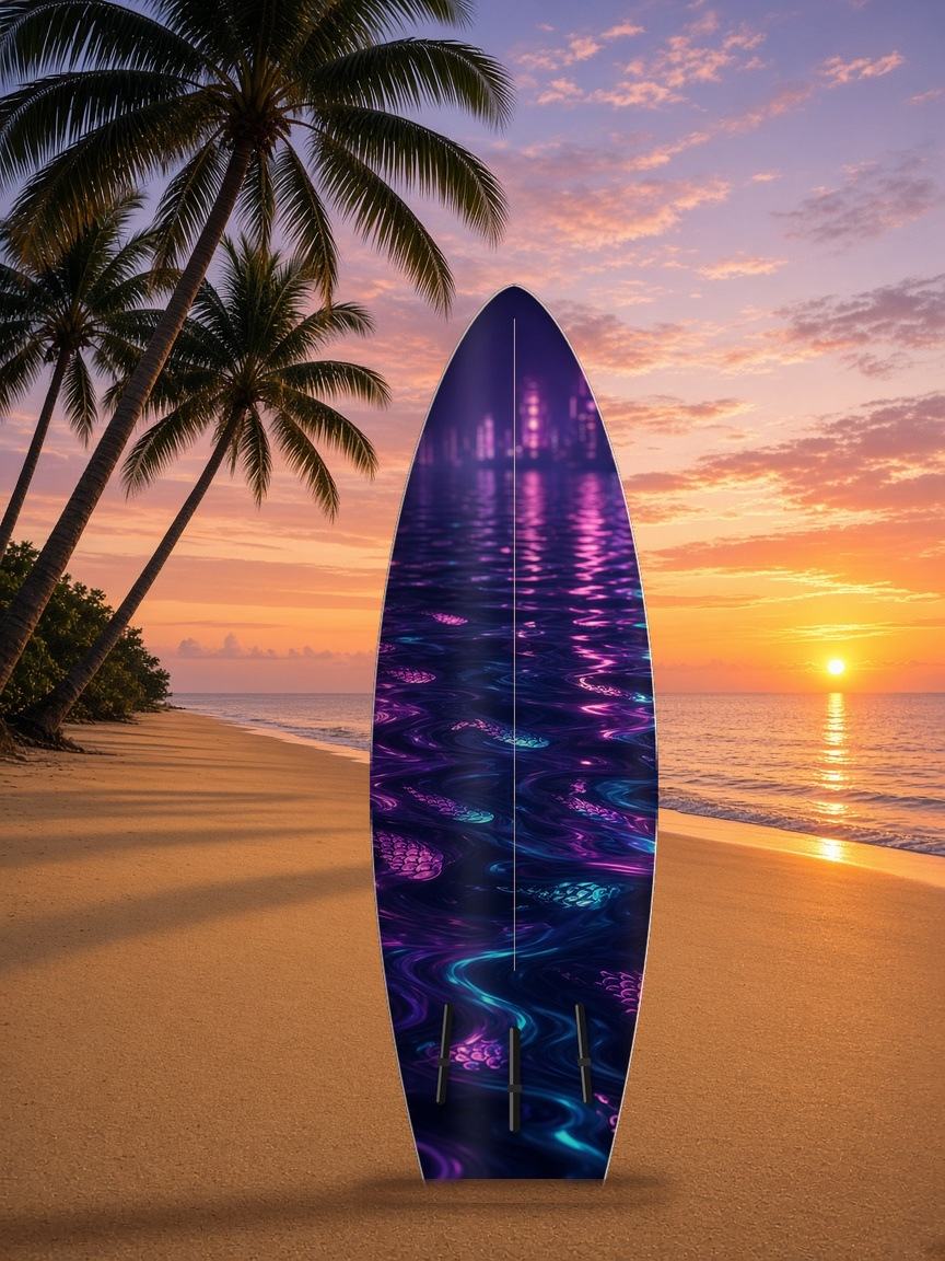 Neon Koi Skyline surfboard wrap, bottom side