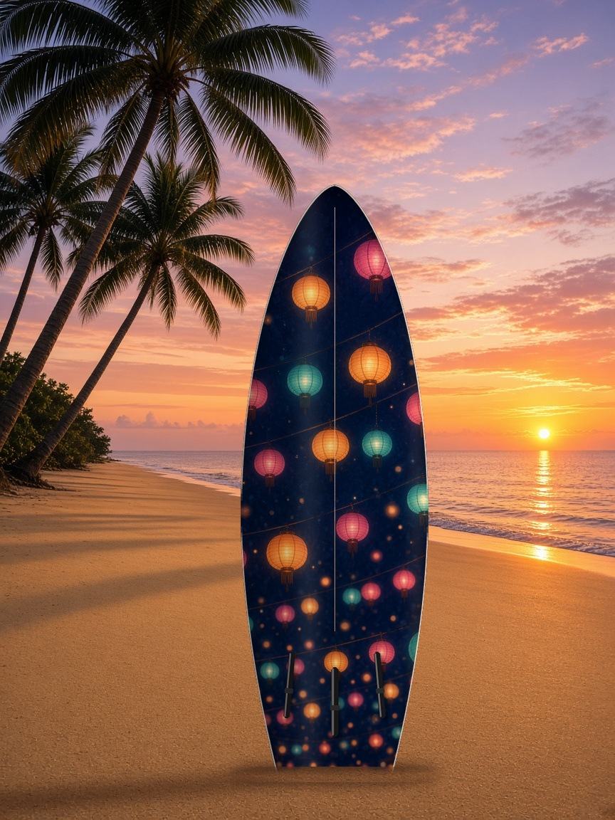 Night Market Lanterns surfboard wrap, bottom side
