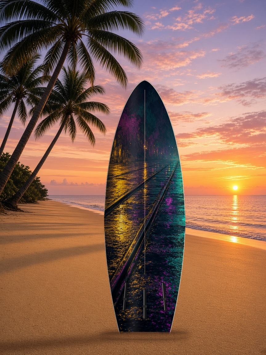 Rain Tram Street surfboard wrap, bottom side