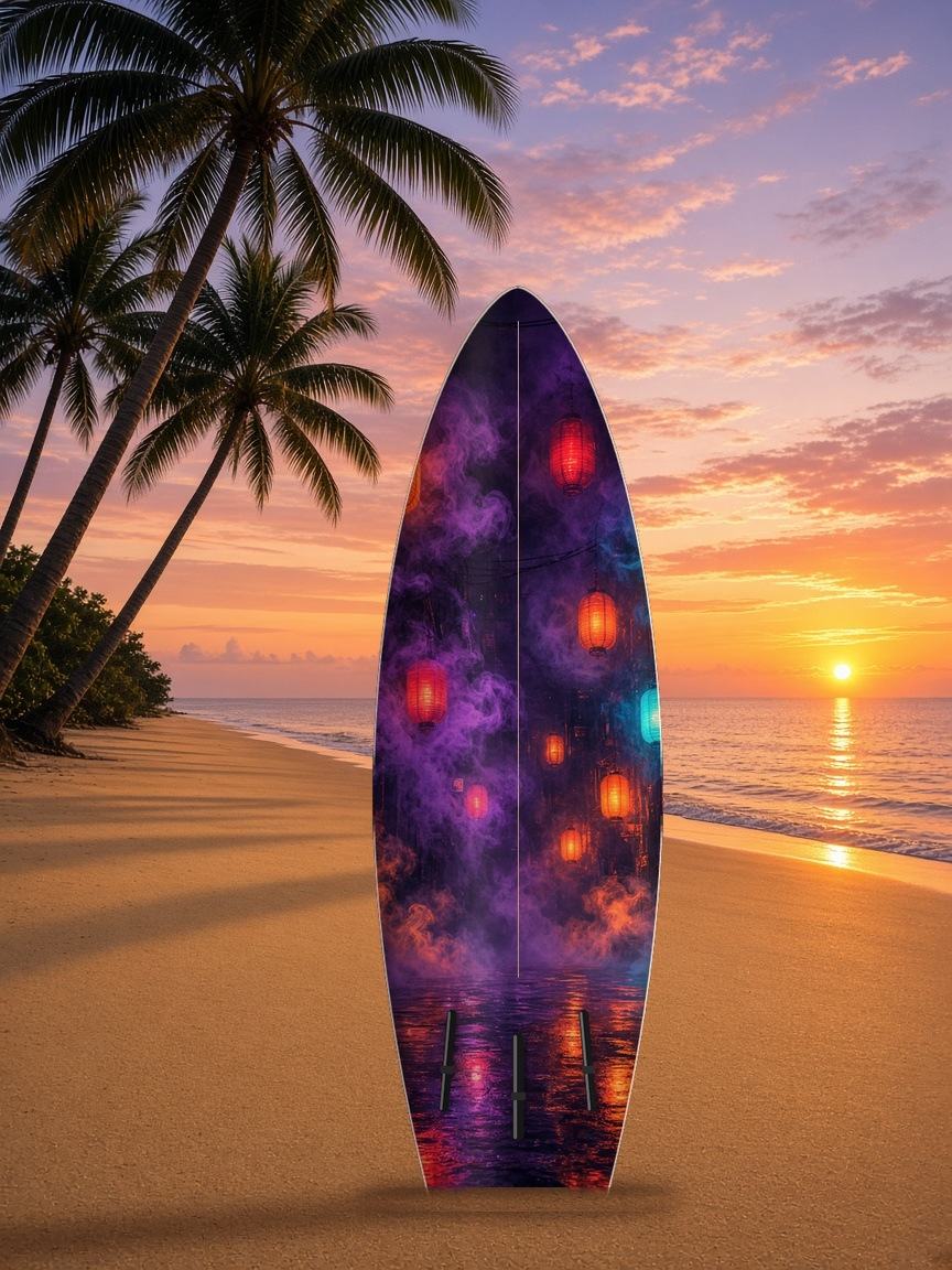 Ramen Shop Rain surfboard wrap, bottom side